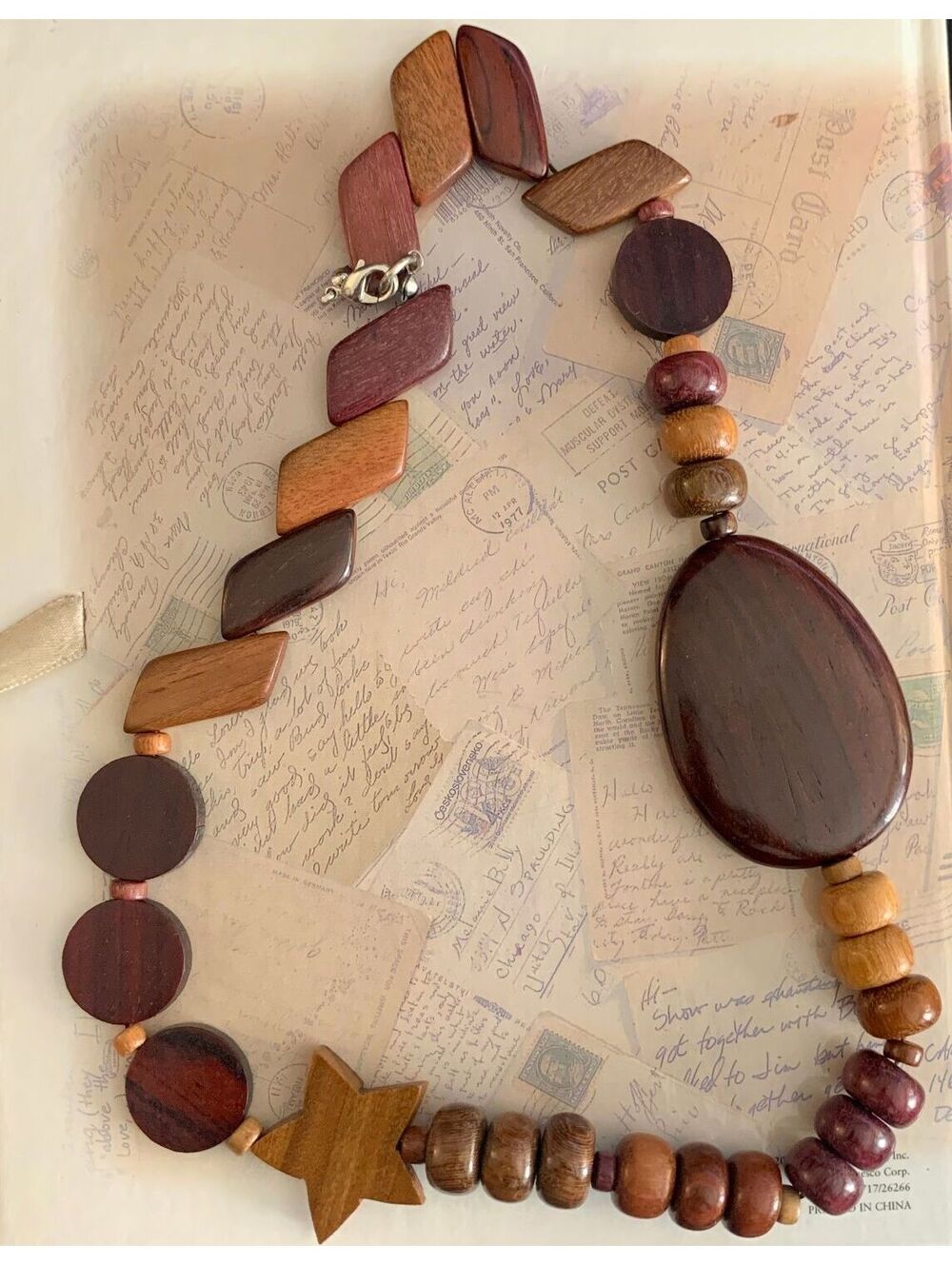 Vintage Organic Boho Chunky Artisan Carved Wood Star & Chunky Bead Necklace